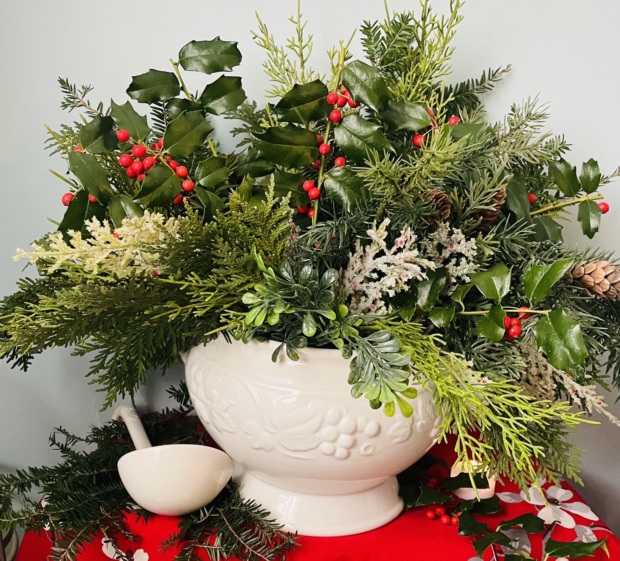 Christmas arangement in vintage soup toreen